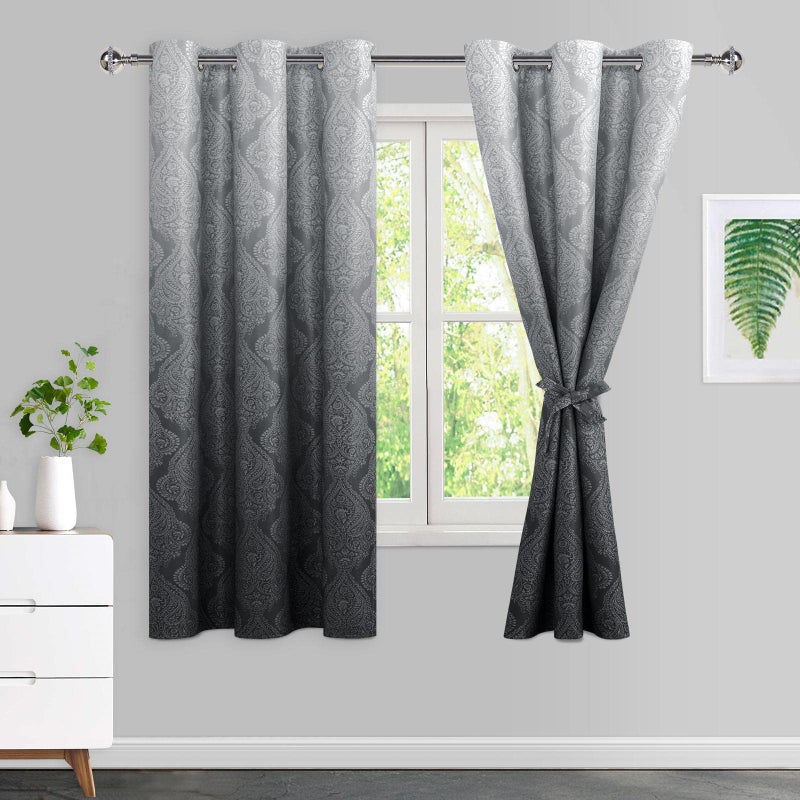 JIUZHEN Damask Ombre Blackout Curtains for BedroomThermal Insulated Energy Saving  Noise Reducing Gradient Grommet Curtains for Living Room Black W 42 x L 63 Inch Set of 2 Panels with Tiebacks