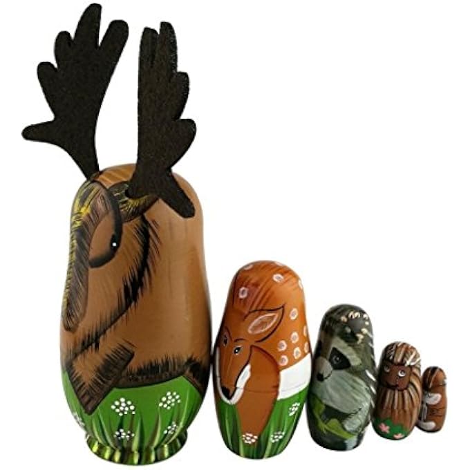 مجموعة من 5 ألعاب تكديس حيوانات غابة الخشب - مووس، غزال، راكون، قنفذ، سنجاب - دمى متداخلة مصنوعة يدويًا من الخشب - ألعاب ما قبل الروضة للأطفال - هدية - ديكور حضانة - Image 3