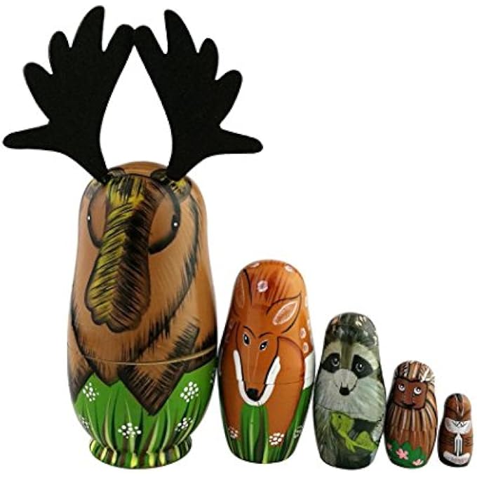 مجموعة من 5 ألعاب تكديس حيوانات غابة الخشب - مووس، غزال، راكون، قنفذ، سنجاب - دمى متداخلة مصنوعة يدويًا من الخشب - ألعاب ما قبل الروضة للأطفال - هدية - ديكور حضانة - Image 2