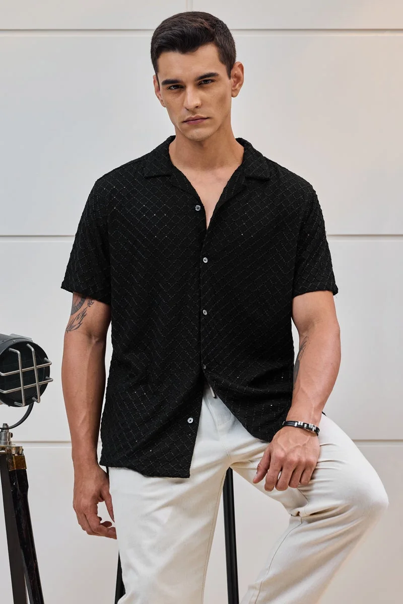 سنيتش Black Textured Half Sleeve Boxy Shirt
