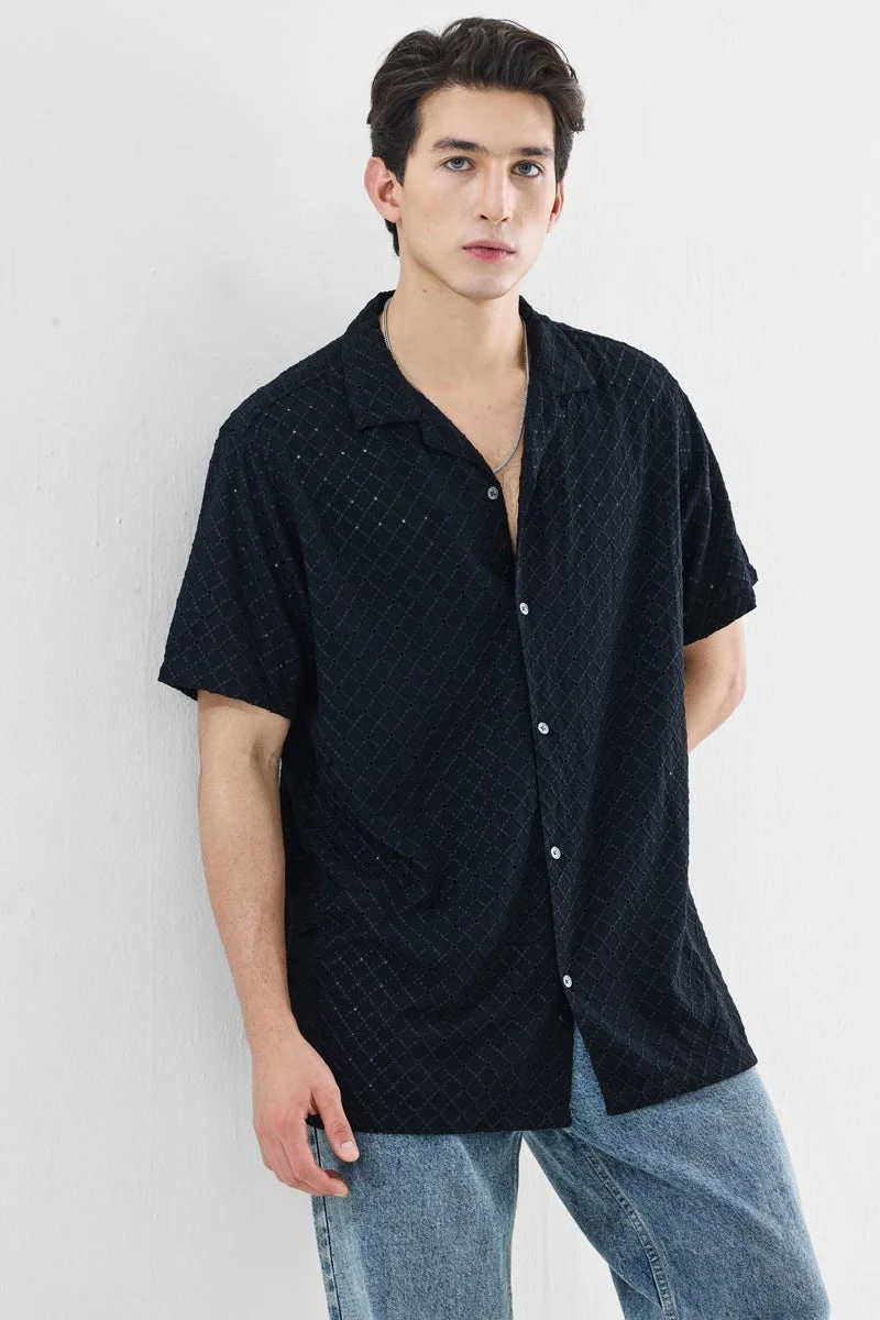 سنيتش Black Textured Half Sleeve Boxy Shirt