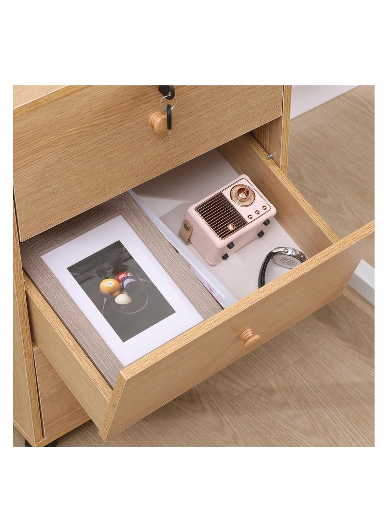 Generic Small Mobile File Cabinet with Lockable Drawer – Under Desk Office Storage Unit on Wheels – Natural Wood Finish  - Image 4
