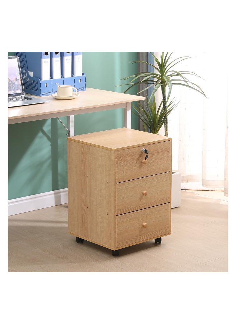 Generic Small Mobile File Cabinet with Lockable Drawer – Under Desk Office Storage Unit on Wheels – Natural Wood Finish  - Image 3