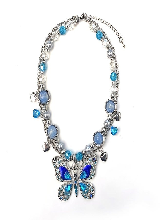 GYRMMUE Butterfly Necklace for Women Vintage Bohemian Necklace Rhinestone Necklaces Multicolor Bling Fairy Choker Renaissance Necklace Y2K Necklace Fairy Jewelry (Blue) - Image 5