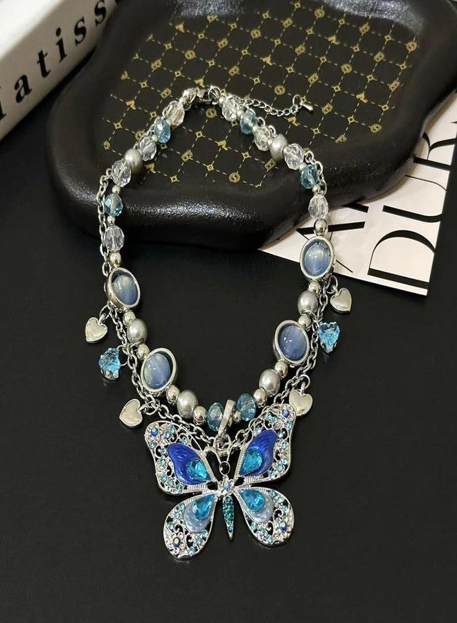 GYRMMUE Butterfly Necklace for Women Vintage Bohemian Necklace Rhinestone Necklaces Multicolor Bling Fairy Choker Renaissance Necklace Y2K Necklace Fairy Jewelry (Blue) - Image 4