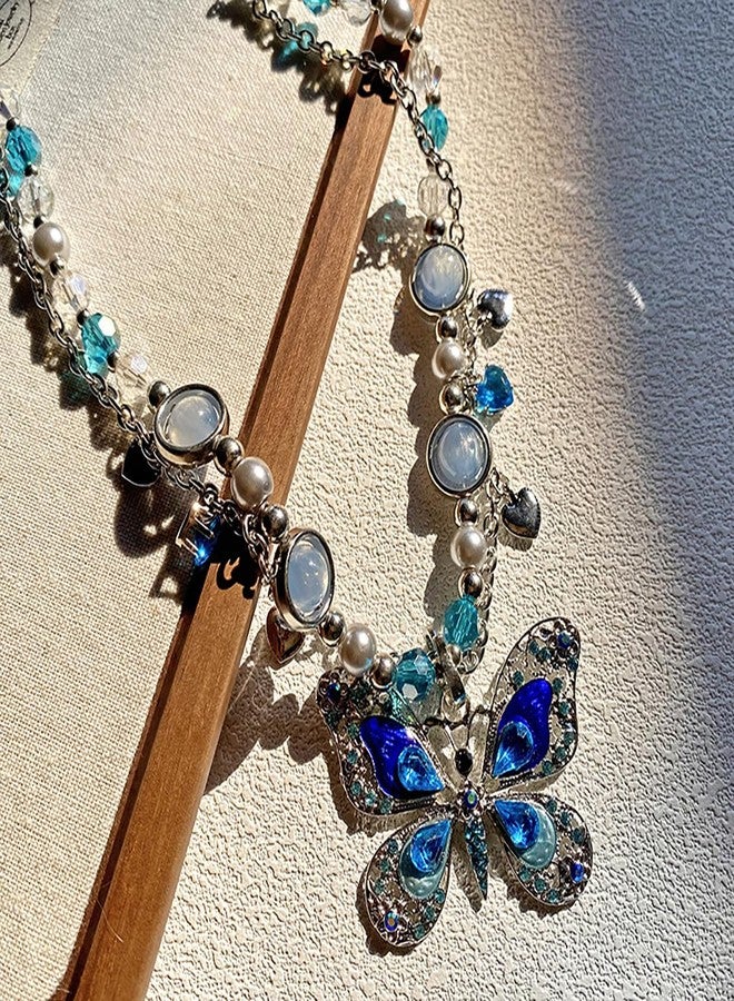 GYRMMUE Butterfly Necklace for Women Vintage Bohemian Necklace Rhinestone Necklaces Multicolor Bling Fairy Choker Renaissance Necklace Y2K Necklace Fairy Jewelry (Blue) - Image 3