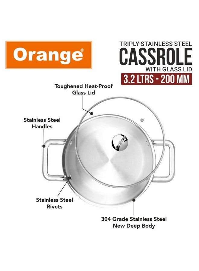 Orange Stainless Steel Triply Cook & Serve Casserole/Biryani Pot/Kadai/Handi 3.2 litres with Glass lid and Handles| 2.5mm Thickness, 200mm Diameter | Induction cooktop Friendly | (3.2L, Steel) - Image 5