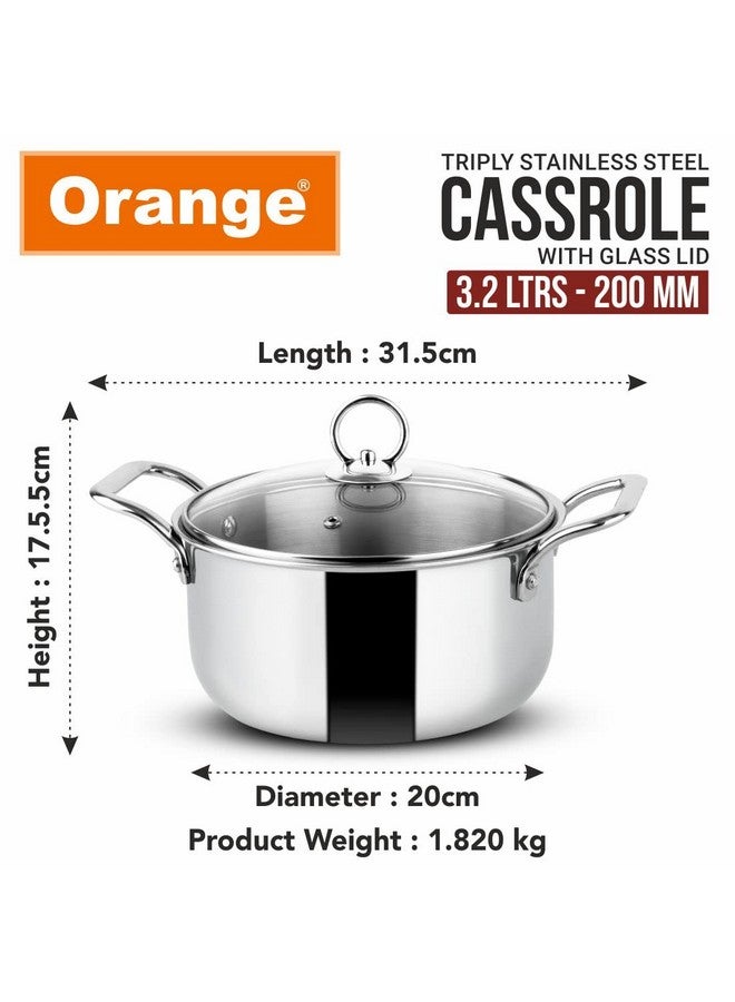 Orange Stainless Steel Triply Cook & Serve Casserole/Biryani Pot/Kadai/Handi 3.2 litres with Glass lid and Handles| 2.5mm Thickness, 200mm Diameter | Induction cooktop Friendly | (3.2L, Steel) - Image 4