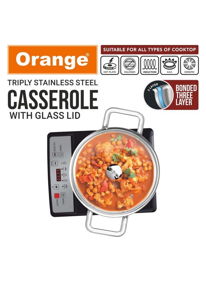 Orange Stainless Steel Triply Cook & Serve Casserole/Biryani Pot/Kadai/Handi 3.2 litres with Glass lid and Handles| 2.5mm Thickness, 200mm Diameter | Induction cooktop Friendly | (3.2L, Steel) - Image 2
