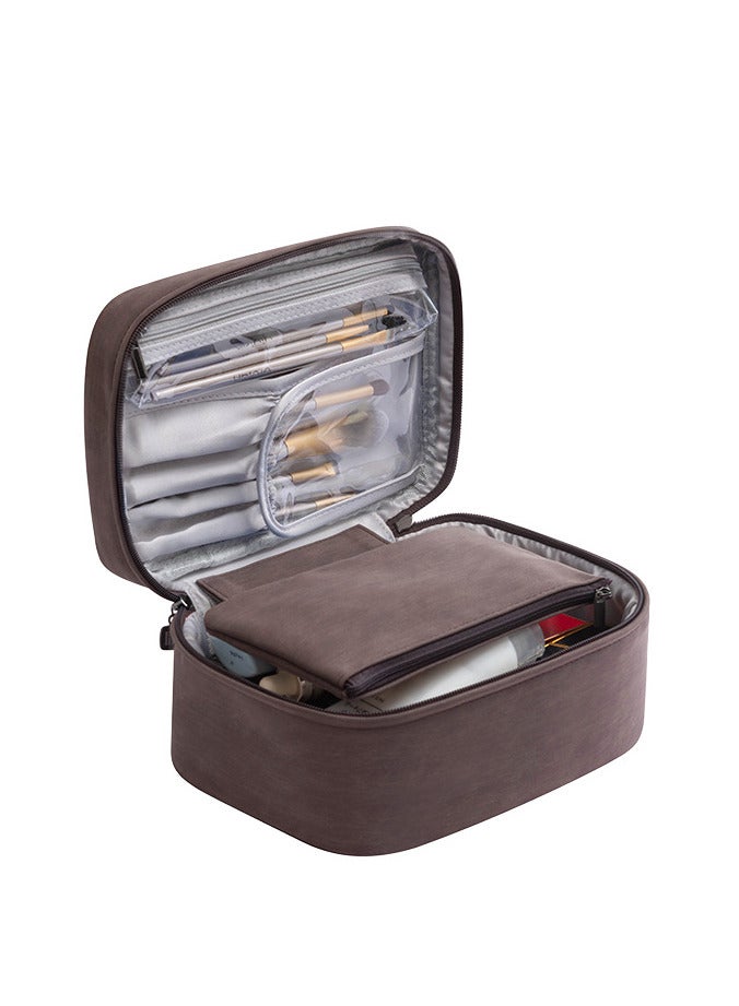 AUTOYSUR Makeup Bag Waterproof Cosmetic Bag Leather Makeup Travel Bag Portable Makeup Large Capacity Makeup Brush Bag Multifunctional Makeup Organizer Bag (Brown) - Image 1