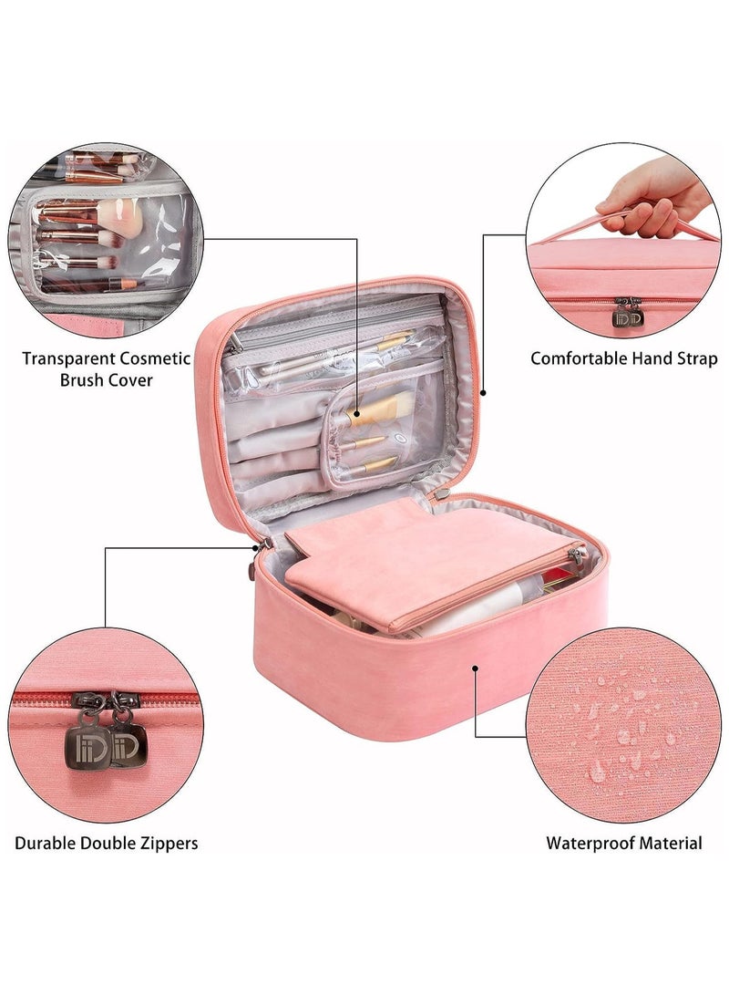 AUTOYSUR Makeup Bag Waterproof Cosmetic Bag Leather Makeup Travel Bag Portable Makeup Large Capacity Makeup Brush Bag Multifunctional Makeup Organizer Bag (Brown) - Image 2