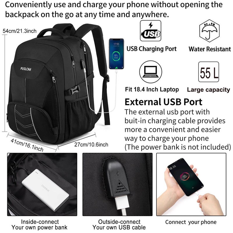 PUSLOM Extra Large Backpack for Men 55L,18.4Inch Travel Laptop Backpack with USB Charging Port Business Flight Approved Carry On Backpack,TSA Big Capacity Heavy Duty Computer Bag College Bookbag,Black - Image 2