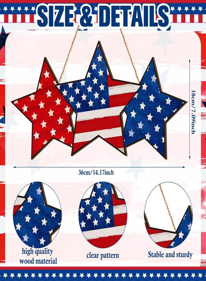 Anglechic 4th of July Hanging Door Sign Patriotic Wreath Memorial Day Decorations Front Door Hanger Red White Blue American Star Rustic Wooden Plaque for Wall Porch Decor(Pentagram Style) - Image 3