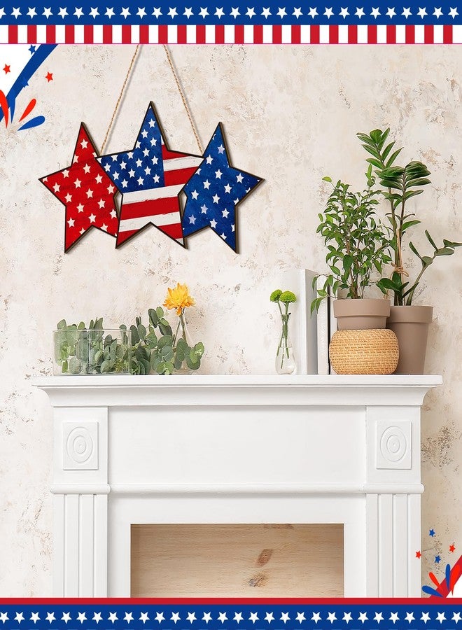 Anglechic 4th of July Hanging Door Sign Patriotic Wreath Memorial Day Decorations Front Door Hanger Red White Blue American Star Rustic Wooden Plaque for Wall Porch Decor(Pentagram Style) - Image 4