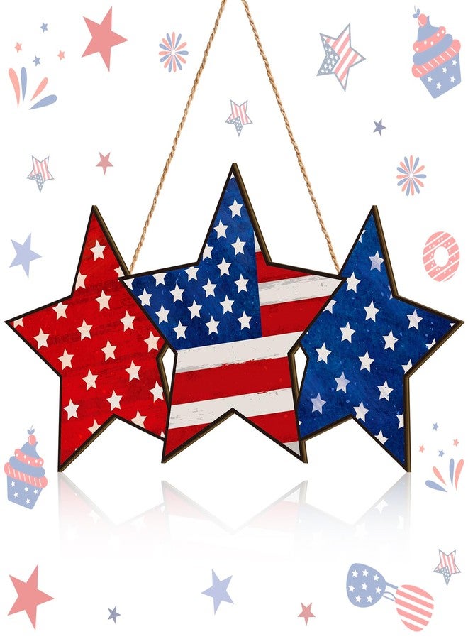 Anglechic 4th of July Hanging Door Sign Patriotic Wreath Memorial Day Decorations Front Door Hanger Red White Blue American Star Rustic Wooden Plaque for Wall Porch Decor(Pentagram Style) - Image 1