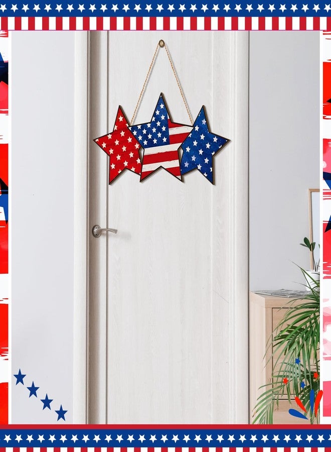 Anglechic 4th of July Hanging Door Sign Patriotic Wreath Memorial Day Decorations Front Door Hanger Red White Blue American Star Rustic Wooden Plaque for Wall Porch Decor(Pentagram Style) - Image 2