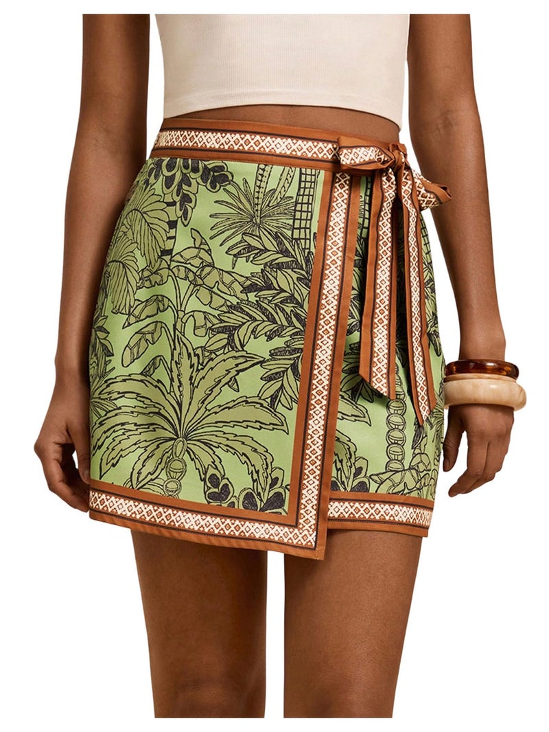 MakeMeChic Women's Summer Boho Wrap Mini Skirt Beach Vacation Short Skirts Green Leave Print Small - Image 1