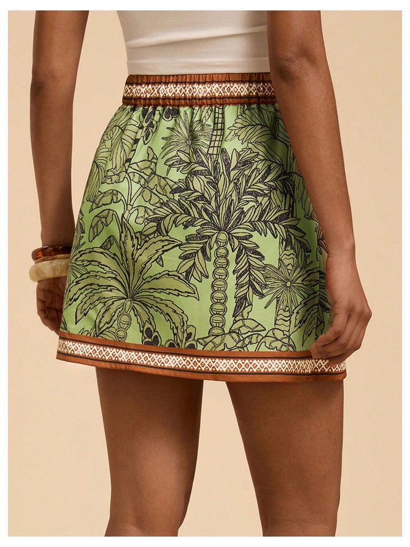 MakeMeChic Women's Summer Boho Wrap Mini Skirt Beach Vacation Short Skirts Green Leave Print Small - Image 4