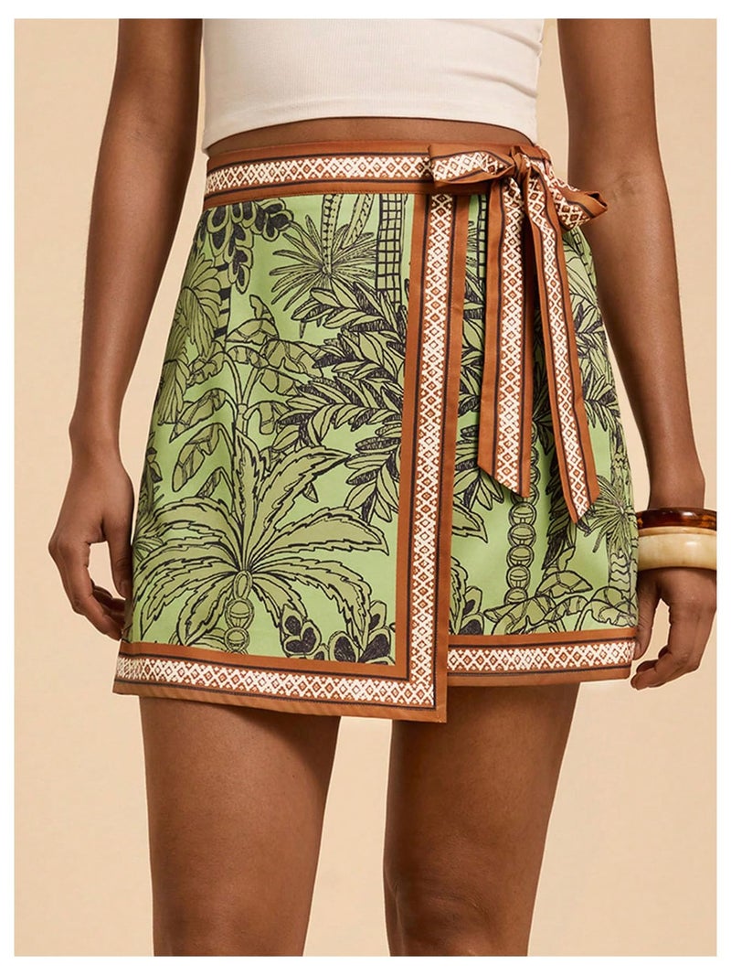 MakeMeChic Women's Summer Boho Wrap Mini Skirt Beach Vacation Short Skirts Green Leave Print Small - Image 3