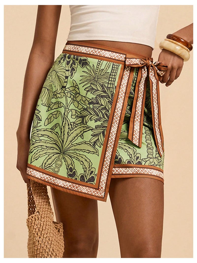 MakeMeChic Women's Summer Boho Wrap Mini Skirt Beach Vacation Short Skirts Green Leave Print Small - Image 2