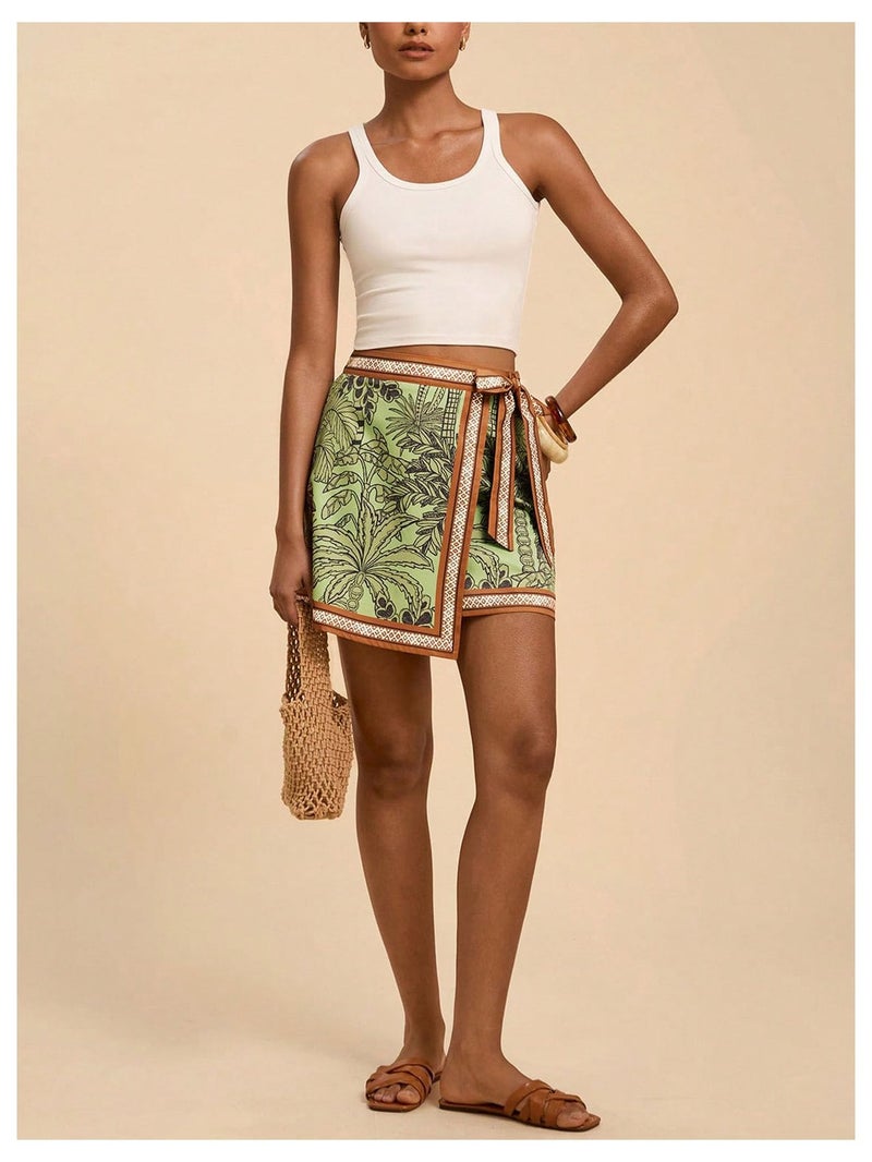 MakeMeChic Women's Summer Boho Wrap Mini Skirt Beach Vacation Short Skirts Green Leave Print Small - Image 5