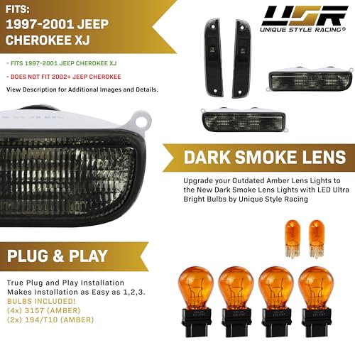 USR UNIQUE STYLE RACING DEPO 4 Pieces COMBO Smoke Bumper Turn Signal Lights + Corner Side Marker Lamp Set (Left + Right) Compatible with 1997-2001 Cherokee XJ Chassis - Image 3