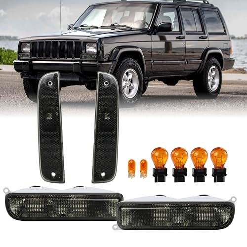 USR UNIQUE STYLE RACING DEPO 4 Pieces COMBO Smoke Bumper Turn Signal Lights + Corner Side Marker Lamp Set (Left + Right) Compatible with 1997-2001 Cherokee XJ Chassis - Image 1