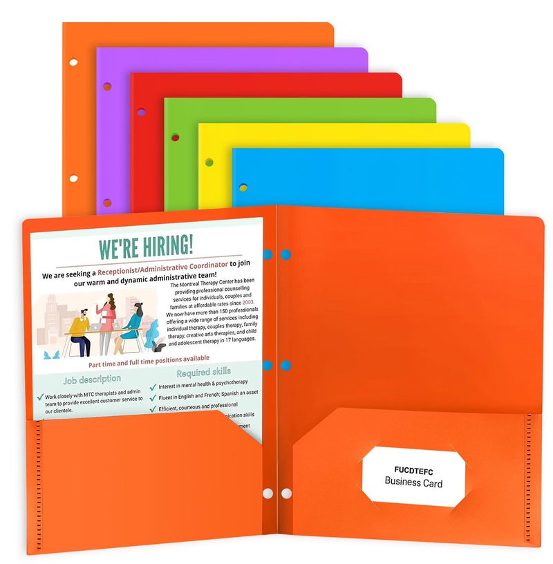 FUCDTEFC 6 Pack File Folders with Pockets and Business Card Holder, Plastic Colored File Folders for Documents, Cute Pastel Decorative Folders for Filing Cabinet, School, Office, Business Resume - Image 1