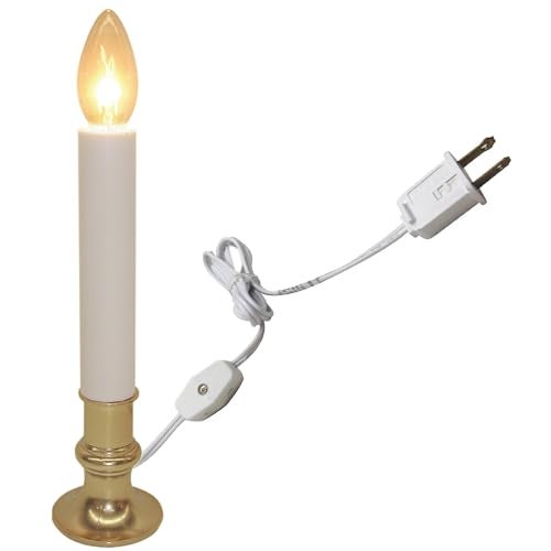 Brite Star Electric Window Candle Lamp - Perfect for Windows, Kitchen & Christmas Decor - Plug in 10 inch Brass Plated Base, White Candle Light, On/Off Switch - Image 1