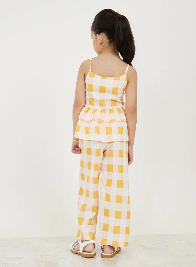 Styli Checked Layer Hem Peplum Top & Wide Leg Pants Set