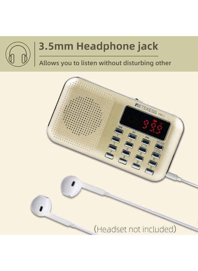 Retekess PR11 Am Fm Radio Portable Rechargeable Transistor Radios Small with Headphone Jack Mp3 Music Player Speaker Support Micro TF Card (Gold) - Image 2