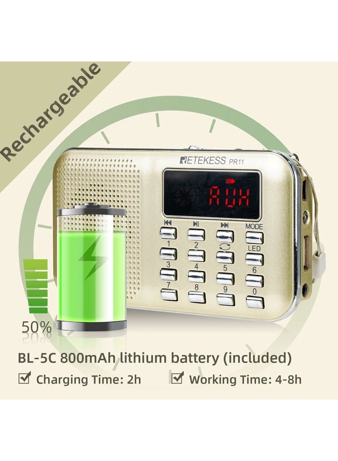 Retekess PR11 Am Fm Radio Portable Rechargeable Transistor Radios Small with Headphone Jack Mp3 Music Player Speaker Support Micro TF Card (Gold) - Image 3