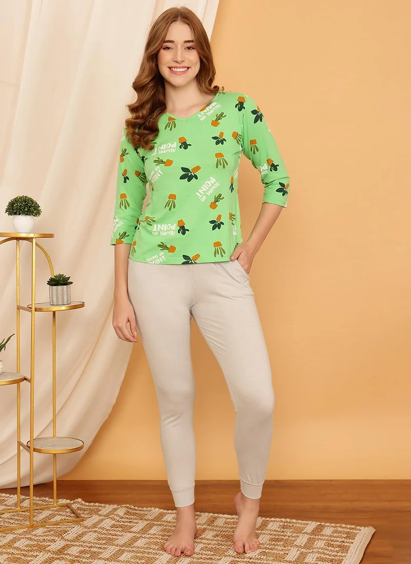 كلوفيا Clovia Cactus Print Top in Seafoam Green & Chic Basic Joggers in Grey - 100% Cotton