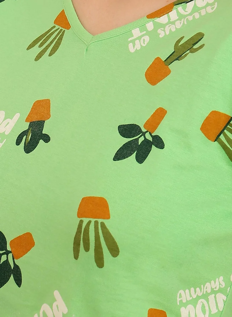 Clovia Green Clovia Cactus Print Top in Seafoam Green & Chic Basic Joggers in Grey - 100% Cotton for Women | Best Price UAE