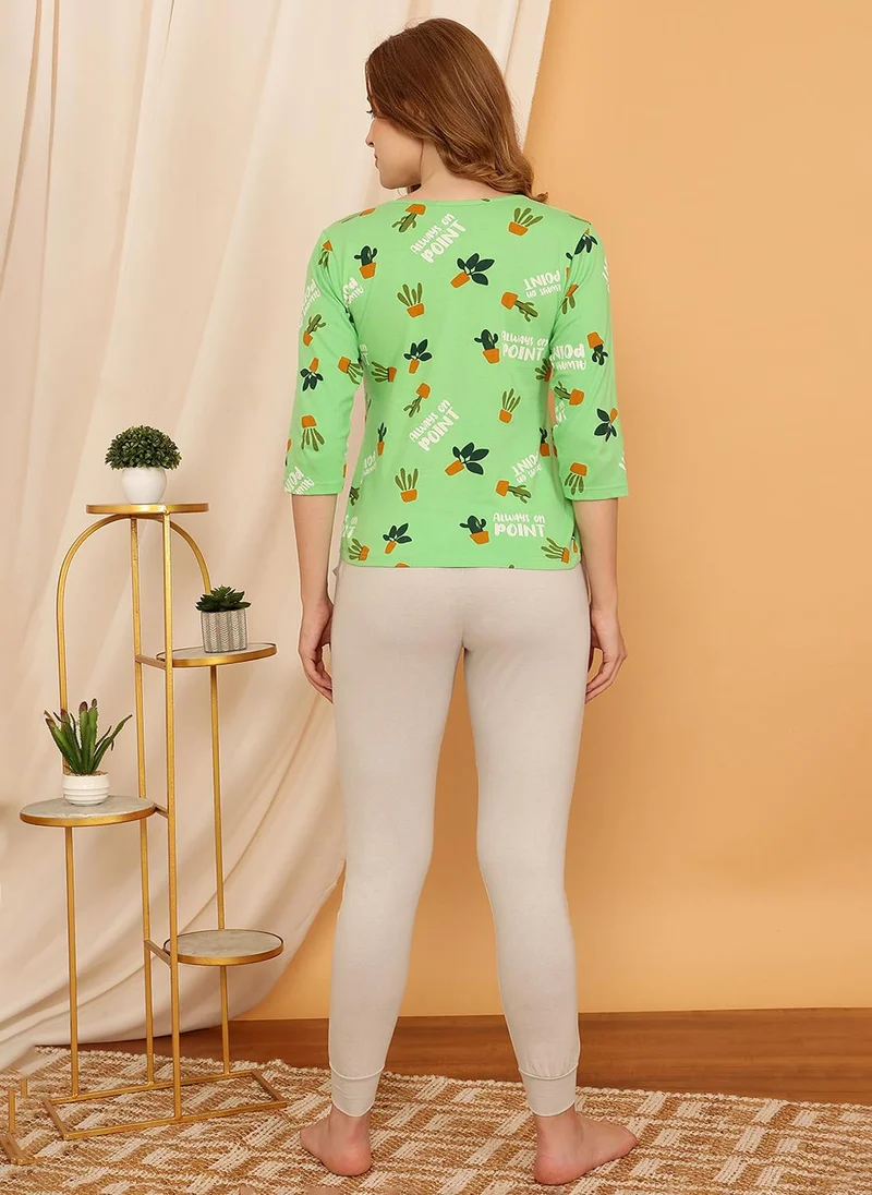 Clovia Green Clovia Cactus Print Top in Seafoam Green & Chic Basic Joggers in Grey - 100% Cotton for Women | Best Price UAE