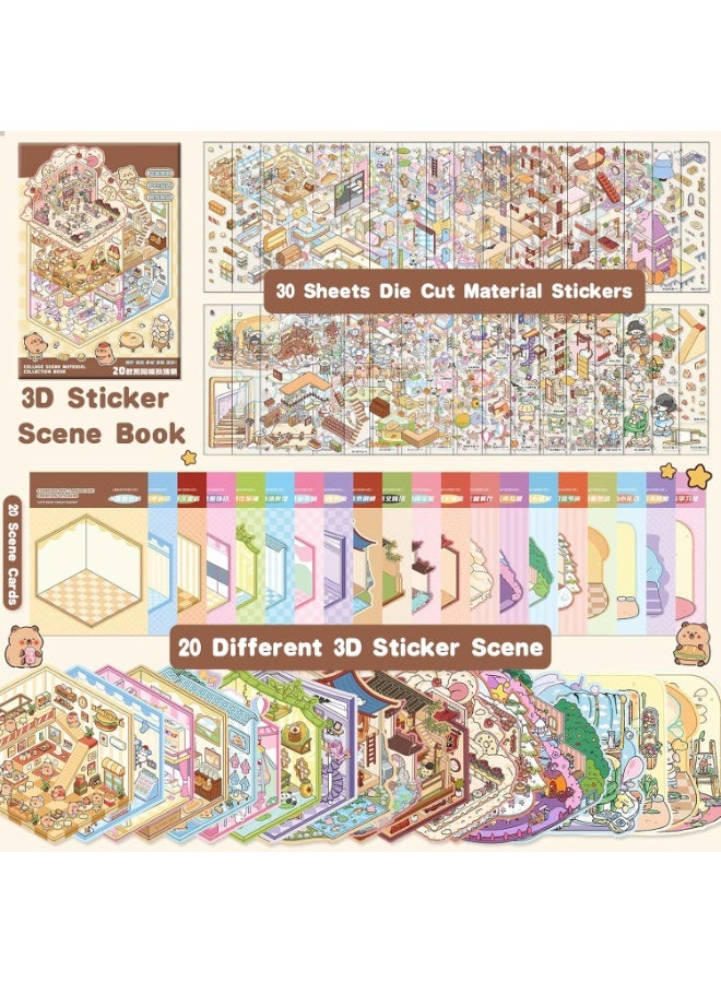 20 Sets DIY 3D Sticker Scene Collection Book for Kids Adults Cute Make Your Own Shop House Stickers for Gifts Stickers Therapy for Adult Relief Stress Pass The Time Play Park Hamburg Castle Library - Image 2