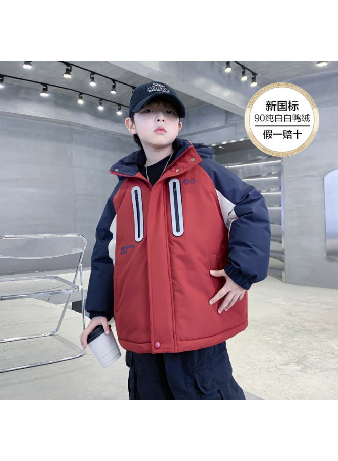 Trendy Color-blocked Children's Hooded Down Jacket, Winter  New Style, Boys' Clothing, Thickened Windproof Coat For Older Children