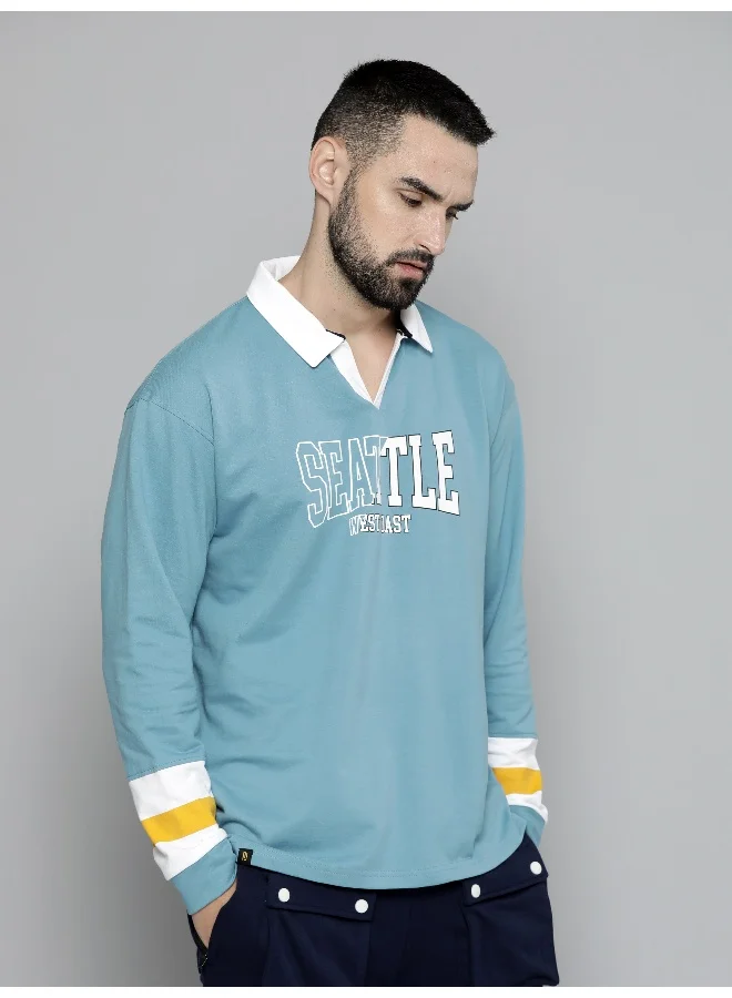 Maniac Maniac Mens Printed Polo Neck Full Sleeve Durkyblue Oversized T-Shirt