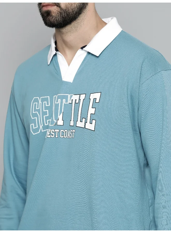 Maniac Maniac Mens Printed Polo Neck Full Sleeve Durkyblue Oversized T-Shirt