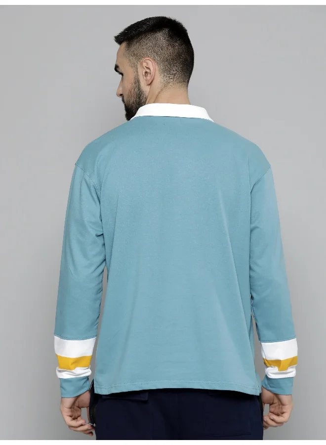 Maniac Maniac Mens Printed Polo Neck Full Sleeve Durkyblue Oversized T-Shirt