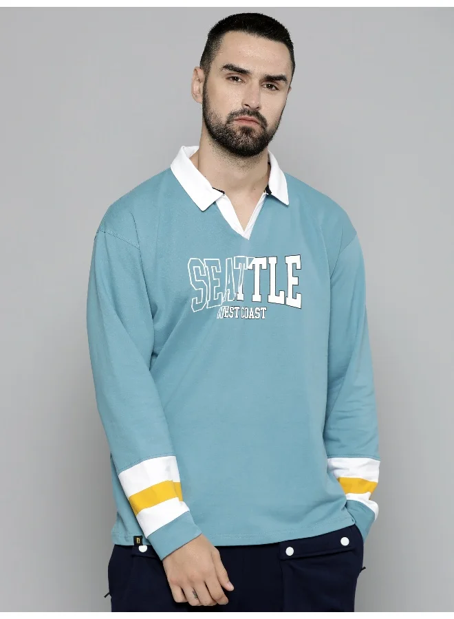 Maniac Maniac Mens Printed Polo Neck Full Sleeve Durkyblue Oversized T-Shirt