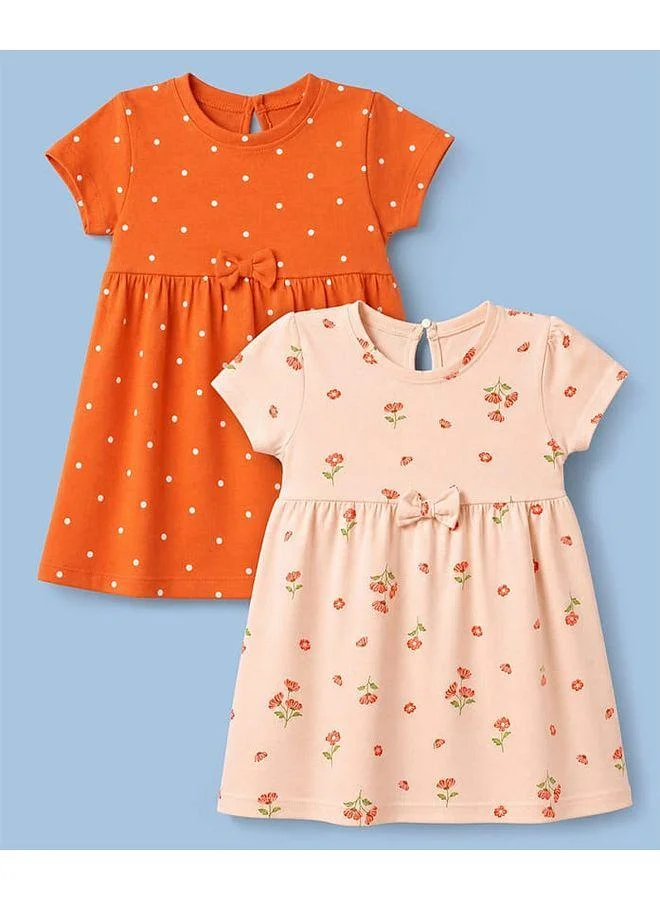 Babyhug Babyhug Single Jersey Knit Half Sleeves Polka Dots & Floral Printed Frocks with Bow Applique (Pack of 2) - Orange/Peach