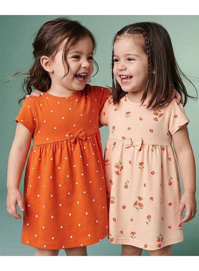 Babyhug Babyhug Single Jersey Knit Half Sleeves Polka Dots & Floral Printed Frocks with Bow Applique (Pack of 2) - Orange/Peach