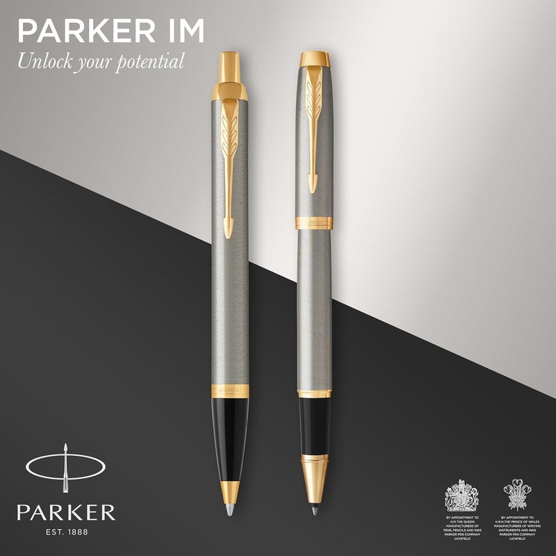 Parker IM Duo Gift Set with Ballpoint Pen & Rollerball Pen, Brushed Metal with Gold Trim, Black Ink Refill & Cartridge, Gift Box,package may vary - Image 2