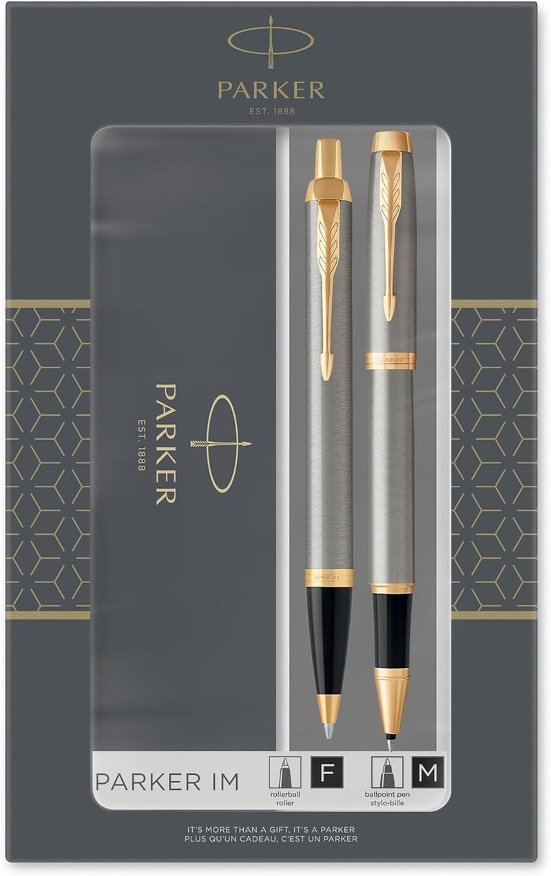 Parker IM Duo Gift Set with Ballpoint Pen & Rollerball Pen, Brushed Metal with Gold Trim, Black Ink Refill & Cartridge, Gift Box,package may vary - Image 1