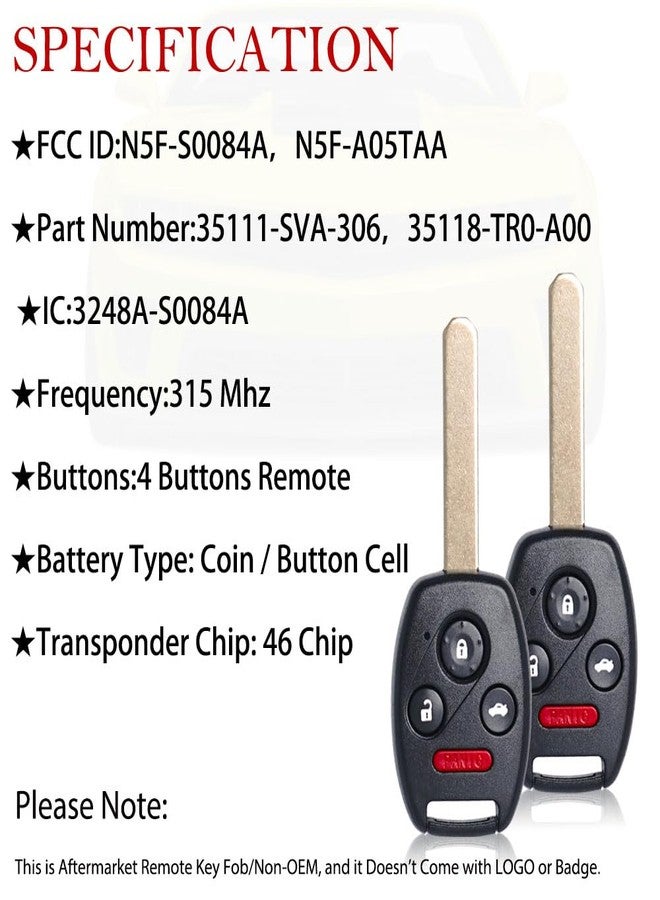MechanMagic 2PCS Key Fob Remote Replacement Fits for Honda Civic EX Si Hybrid 2006 2007 2008 2009 2010 2011 2012 2013 Acura Mdx 2007-2013 N5F-S0084A Keyless Entry 4 Btns Remote Control 35111-SVA-306 - Image 4