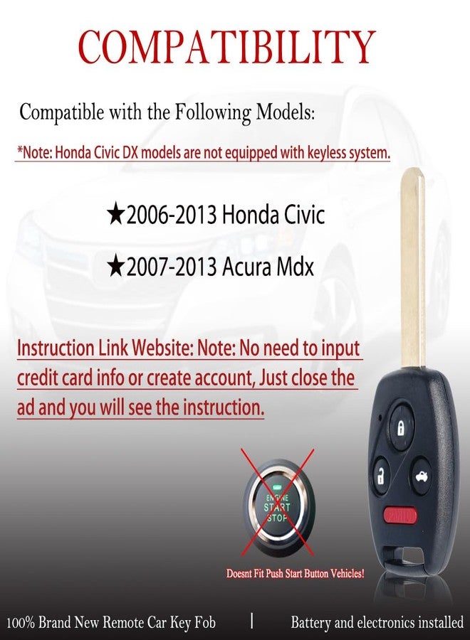 MechanMagic 2PCS Key Fob Remote Replacement Fits for Honda Civic EX Si Hybrid 2006 2007 2008 2009 2010 2011 2012 2013 Acura Mdx 2007-2013 N5F-S0084A Keyless Entry 4 Btns Remote Control 35111-SVA-306 - Image 2