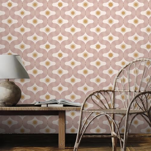REDAMANCY Boho Beige/Yellow Modern Abstract Art Mosaic Sun Geometric Peel and Stick Wallpaper Stick on Contact Paper Vintage Wall Paper Easy Peel Off for nightstand Drawer Cabinet Renter - Image 3