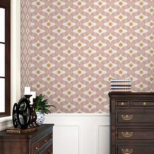 REDAMANCY Boho Beige/Yellow Modern Abstract Art Mosaic Sun Geometric Peel and Stick Wallpaper Stick on Contact Paper Vintage Wall Paper Easy Peel Off for nightstand Drawer Cabinet Renter - Image 2