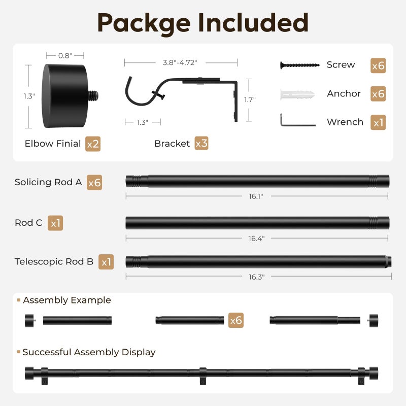 Zeerobee Curtain Rods for Windows 66 to 120, Black Curtain Rod, Adjustable 1 Inch Heavy Duty Outdoor/Indoor Modern Drapery Pole, 32"-120" - Image 5